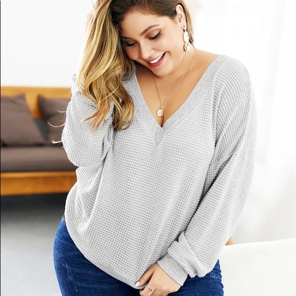 Plus Size Grey Deep V Neck Long Sleeves Jumper